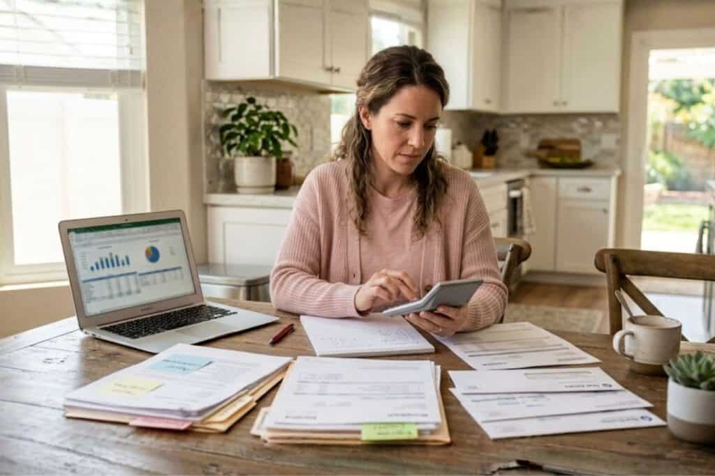 A Woman Calculating Real Estate Paperwork at a Sunlit Kitchen Table