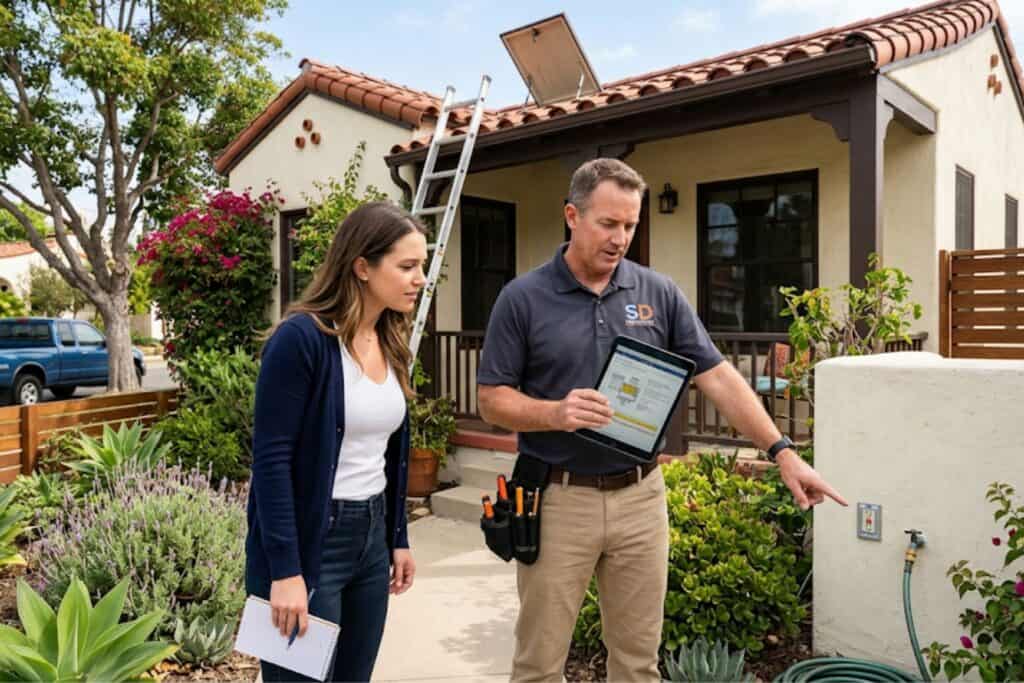 A home inspector points out an exterior outlet to an attentive homeowner in front of a Spanish-style San Diego home