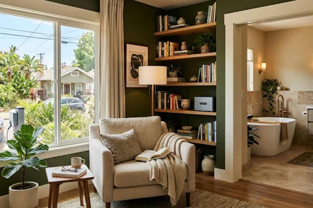Modern home interior featuring a cozy reading nook and built-in shelves by a window, adjacent to a bright spa bathroom with a freestanding tub