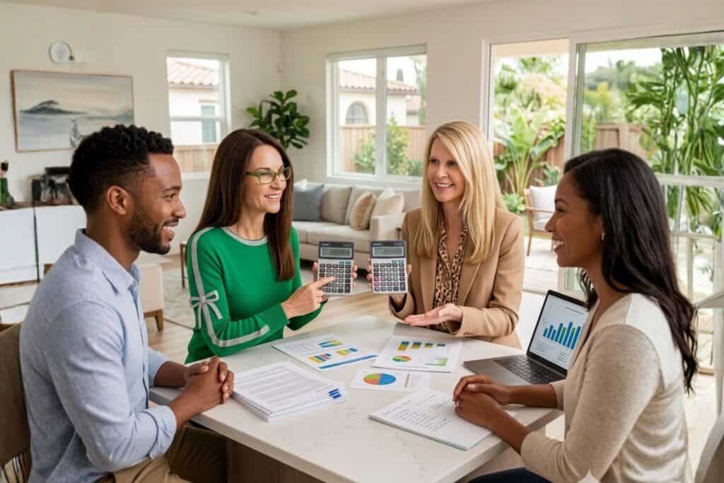 Professional Real Estate Explaining Net Scenarios to Clients with Calculators in a Modern San Diego Home