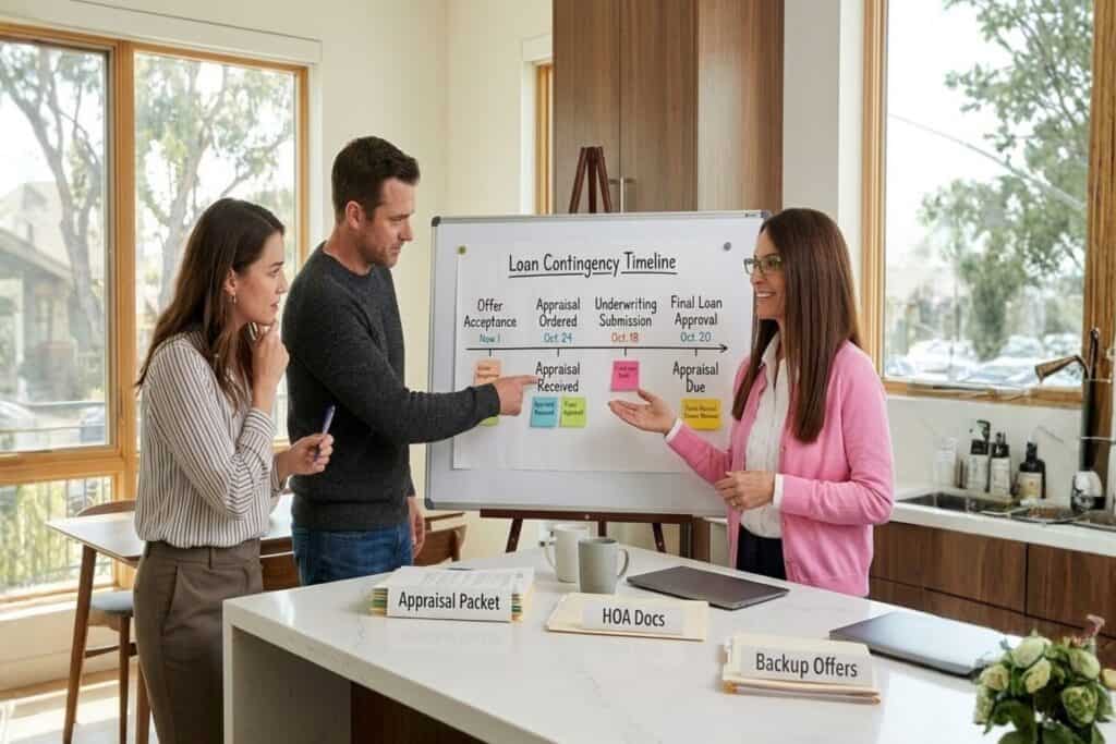 Real Estate Agent Presenting Loan Contingency Timeline To Concerned Couple