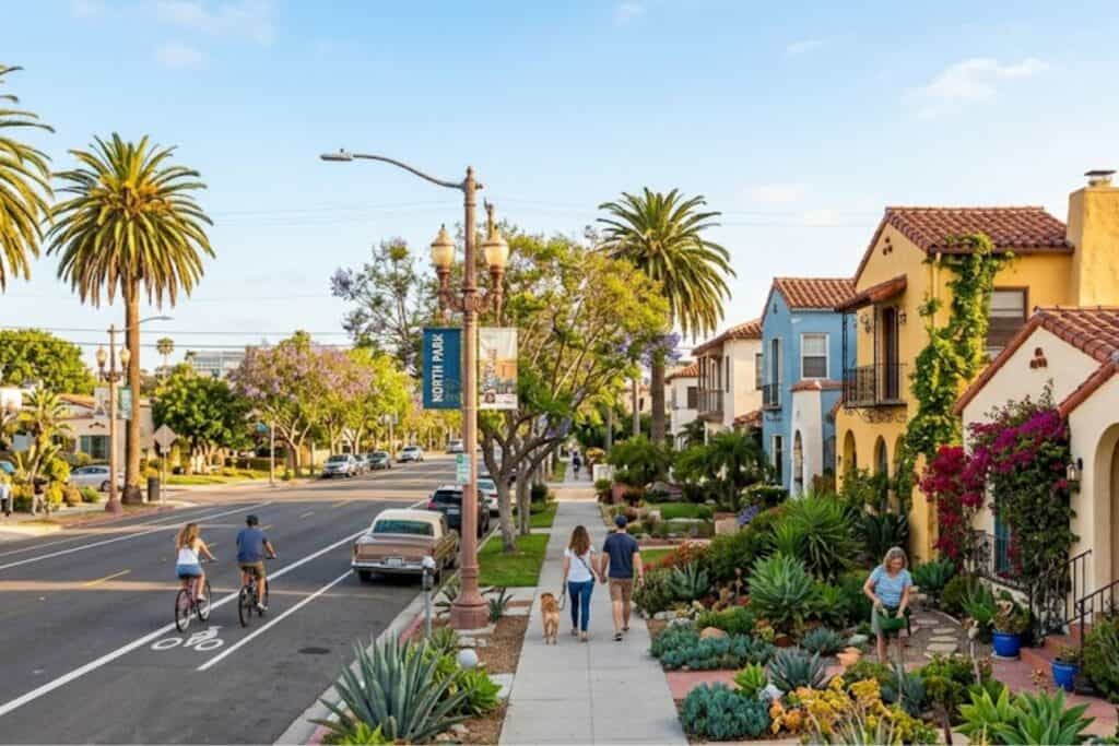 Sunny street in North Park, San Diego, showing colorful Spanish-style architecture, walkable sidewalks with pedestrians, and vibrant drought-tolerant landscaping under a blue sky
