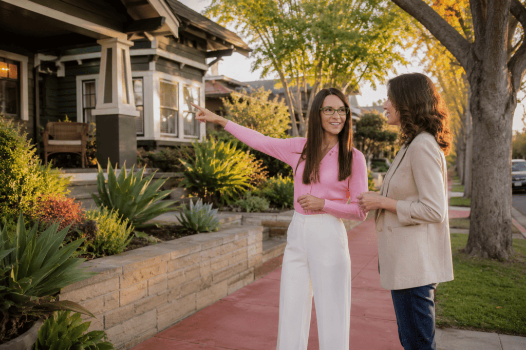 Real estate agent showing a historic Craftsman home along Burlingame’s salmon-pink sidewalks in North Park, San Diego.