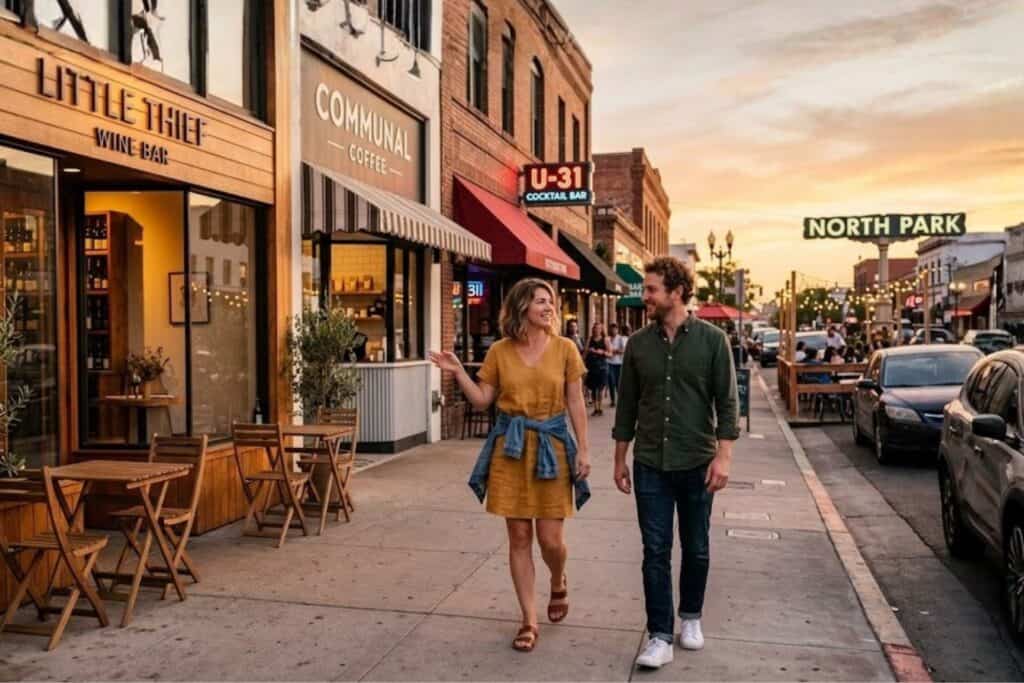 Couple Walking in North Park, San Diego, at Sunset