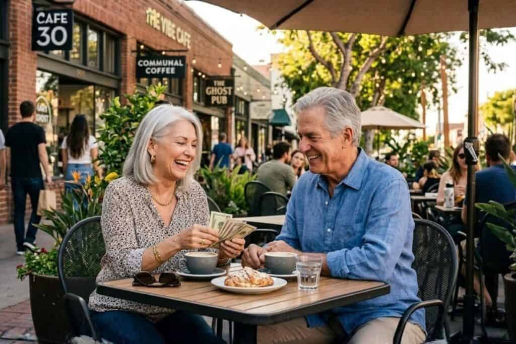 Happy Older Couple Counting Cash At A Sunlit North Park Cafe