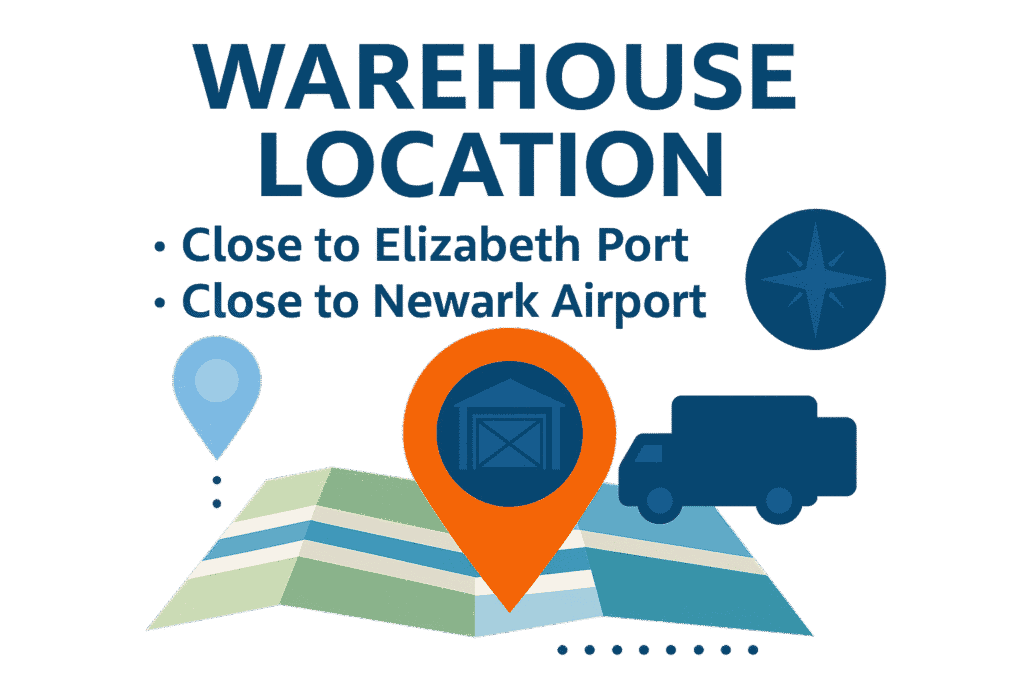 warehouse_location Warehouse location map highlighting proximity to Elizabeth Port and Newark Airport, ensuring efficient transportation and logistics operations