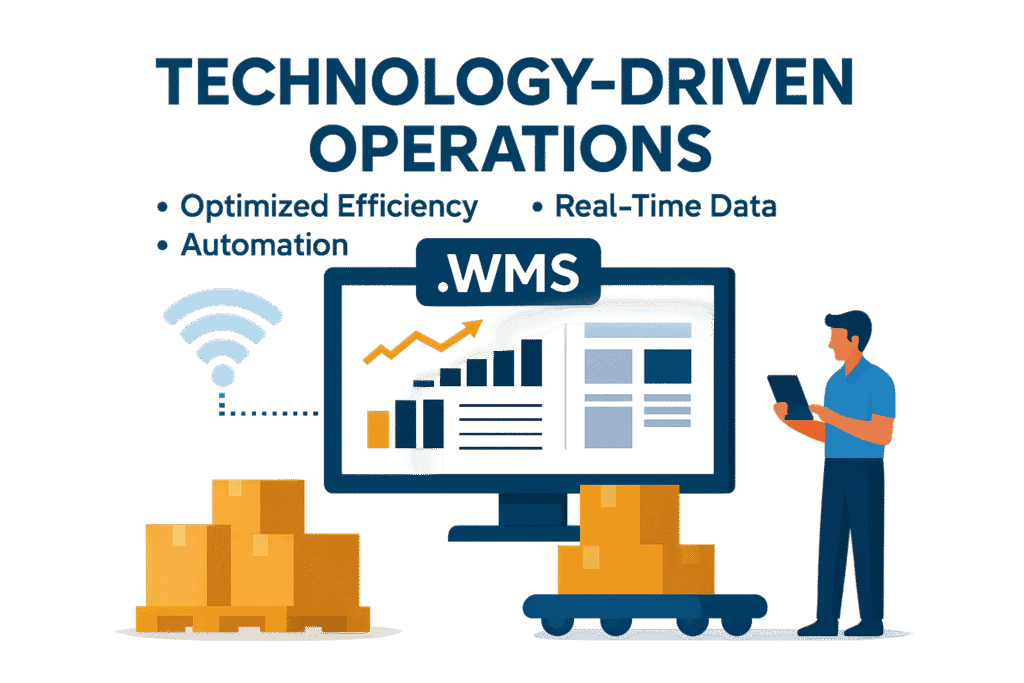 wms_system Modern warehouse control center featuring digital screens, data overlays, and automated robotics, symbolizing efficient, technology-driven operations powered by WMS.