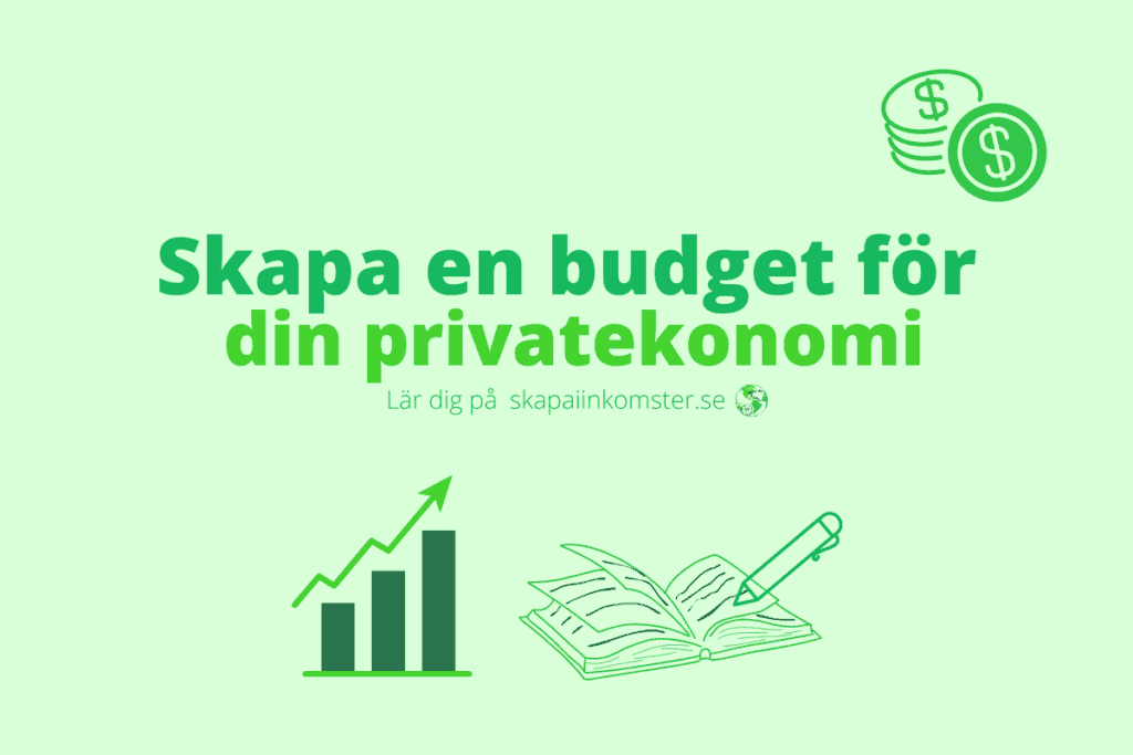 Skapa en budget för din privatekonomi skrivet i två olika gröna färger tillsammans ett diagram om privatekonomi samt en bok. Bilden har en ljusare grön färg som bakgrund.