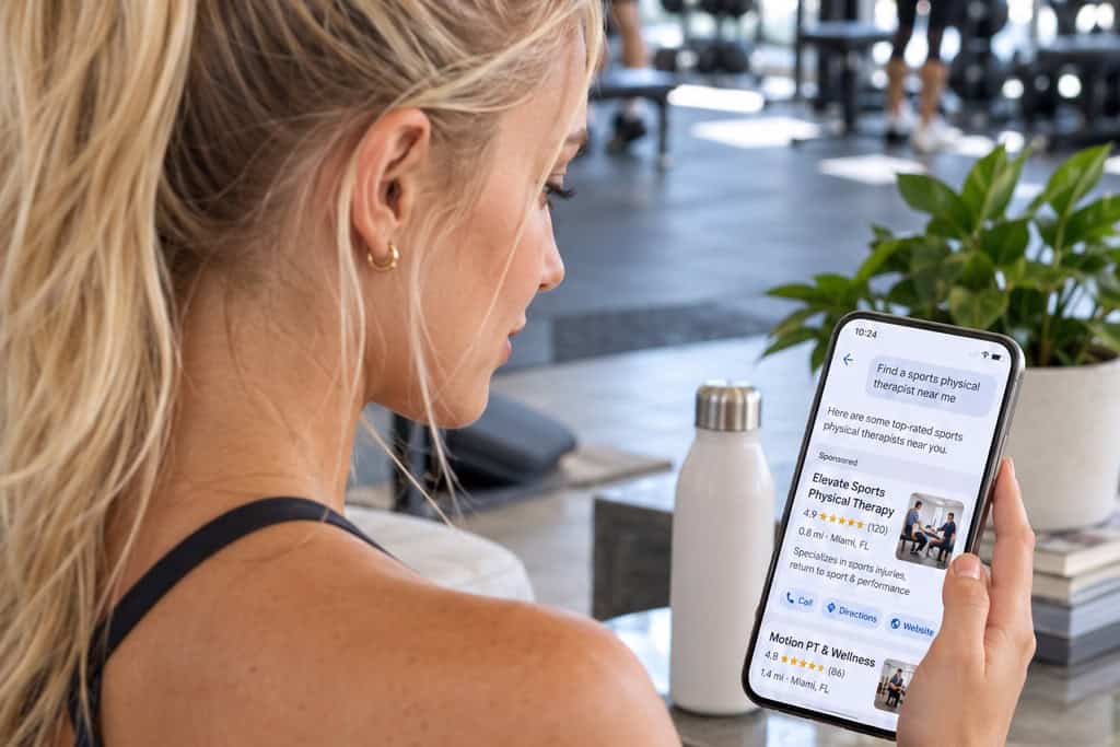 Gym customer viewing a sponsored local physical therapy ad on a phone