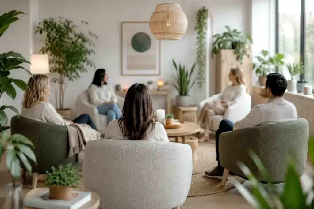 Pequeño grupo en círculo en una sala luminosa — terapia de grupo en Bilbao