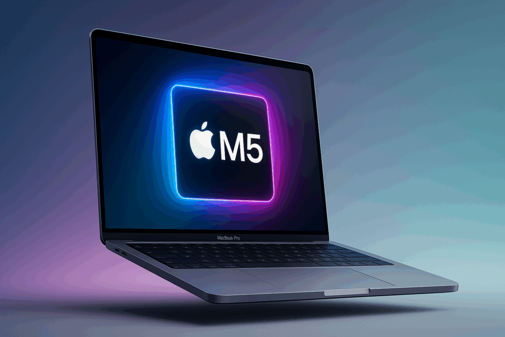 Illustration eines M5 MacBook Pro 2025 Gerüchte: Schwebendes Space Gray MacBook Pro vor sanftem Blau‑Violett‑Verlauf – Symbol für bahnbrechende Performance und Executive‑Power.