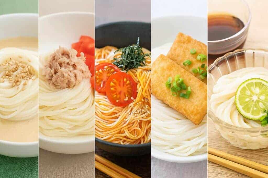 冷やしそうめんのアレンジ5品を縦に並べた盛り付け写真