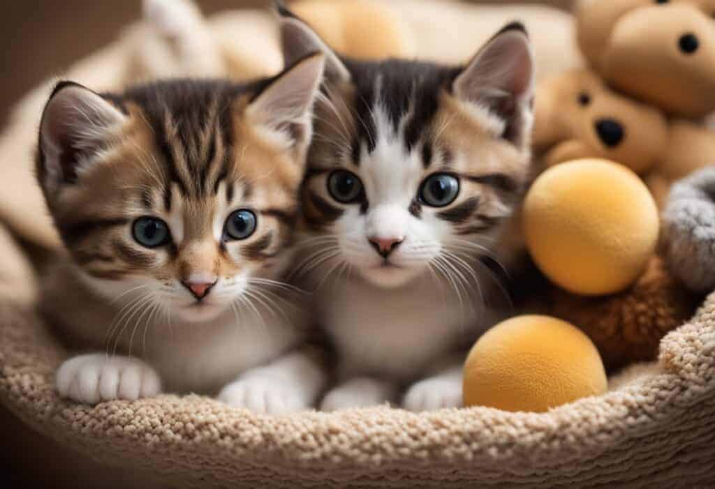 2 brown and white tabby kittens in a stress-free environment with comfy beds and fun toys