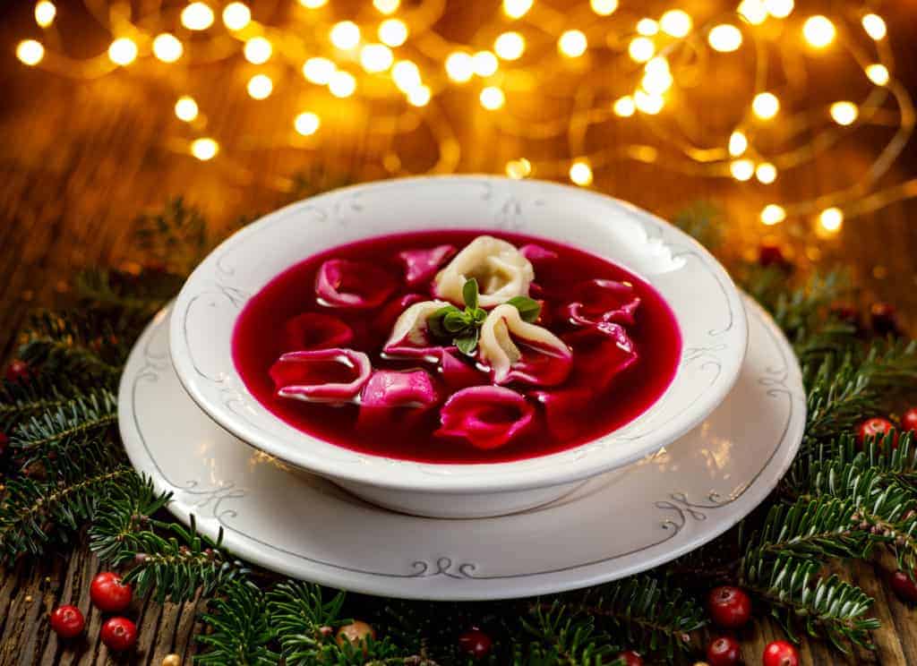 Red borscht with uszka dumplings.