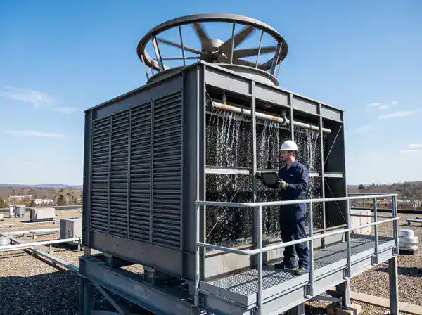 Technician inspecting a rooftop cooling tower's water distribution system with a tablet