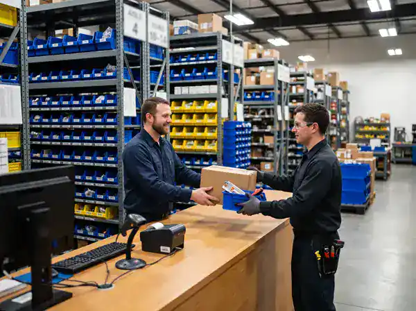 Storeroom attendant at a service counter handing a boxed part and a tote of kitted parts to a maintenance technician, with labeled parts bins on shelving behind