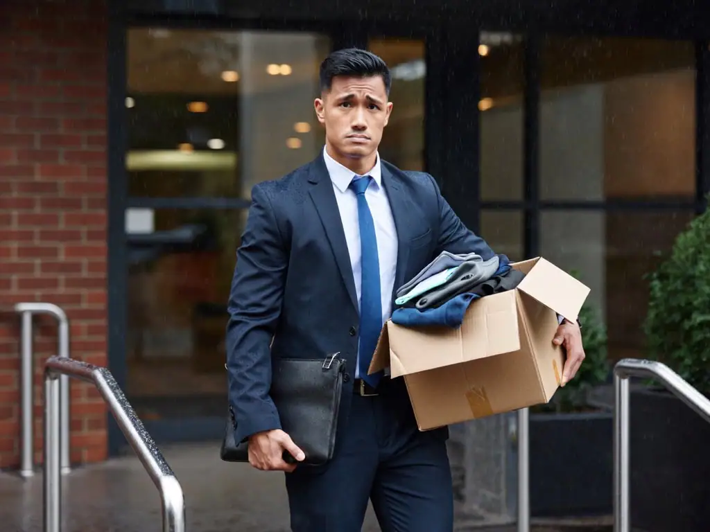 Homme d'affaires avec valise et boîte à l'entrée d'un bâtiment.