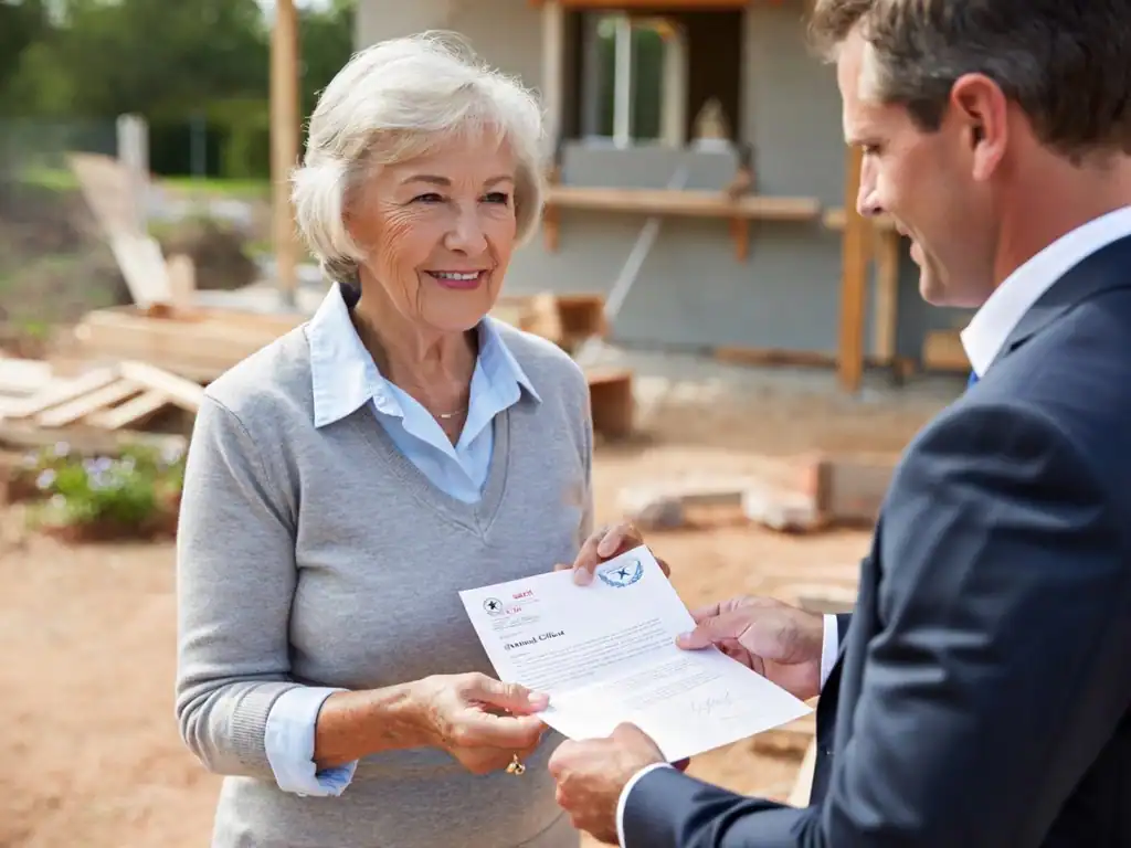 Femme âgée souriante recevant un document lors d’un rendez-vous immobilier.