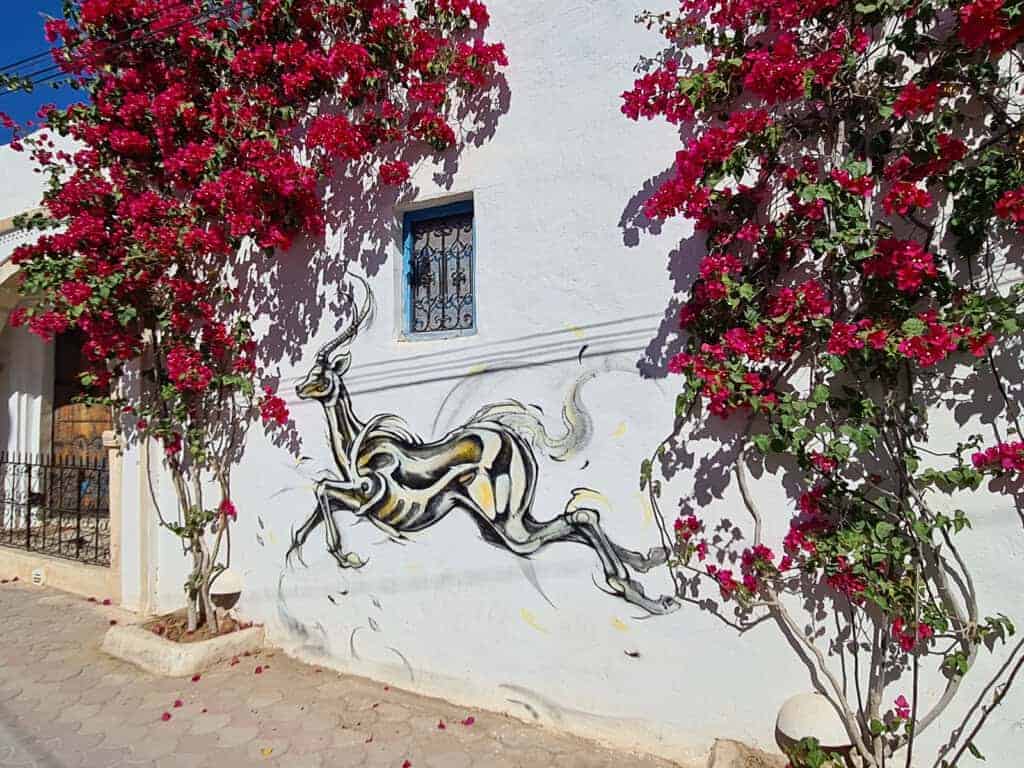 Mural of a gazelle framed by red bougainvillea on a white wall in Djerbahood, Tunisia