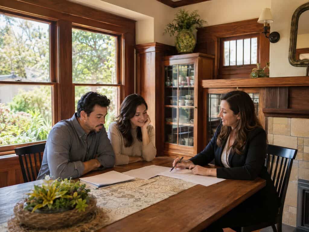 Couple reviewing paperwork with a female real estate agent at a dining table inside a Craftsman bungalow in North Park, San Diego.