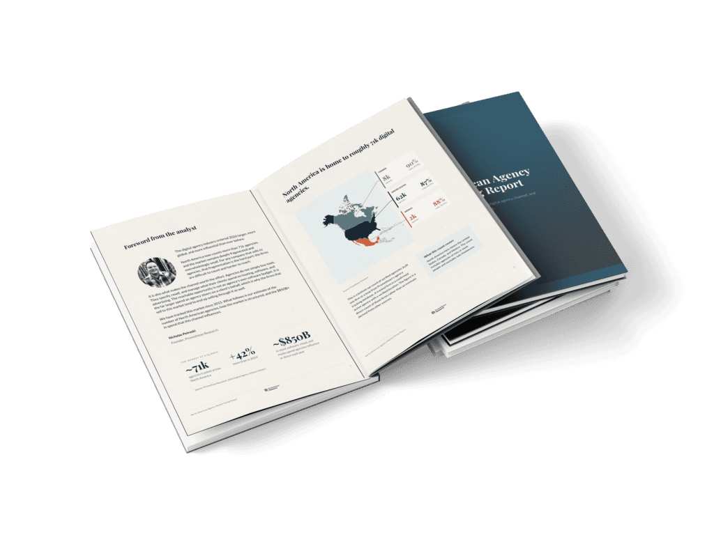 pen 2026 North American Agency Market Sizing Report mockup from Promethean Research, showing key metrics and a North America map.