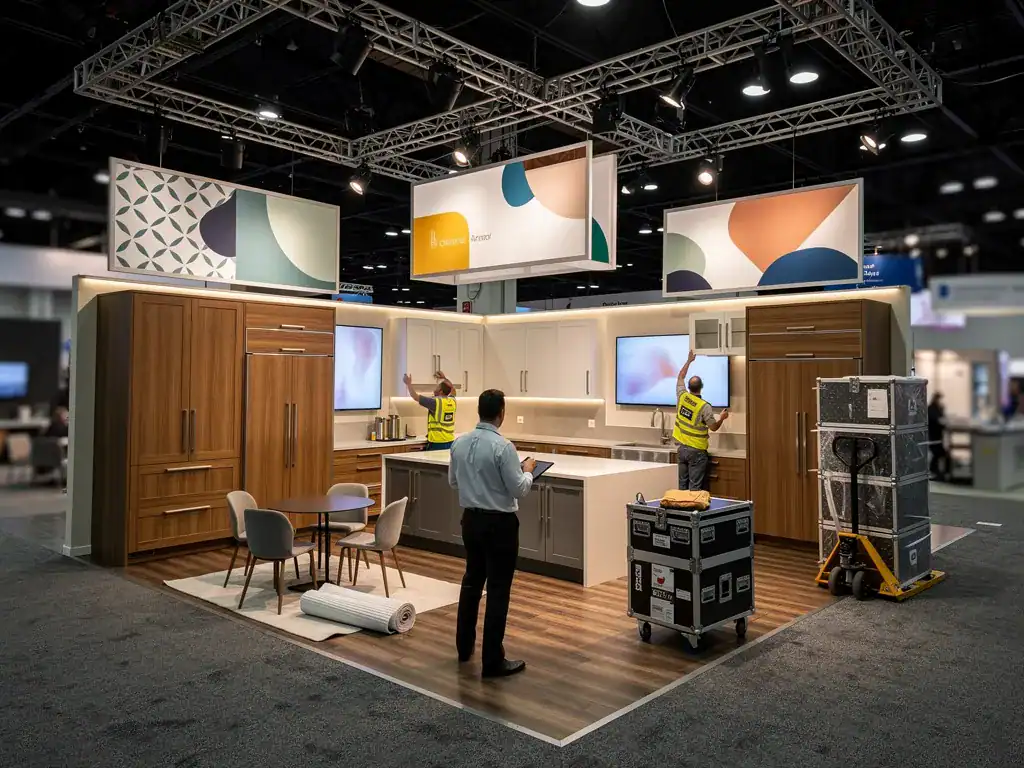 Custom cabinetry displays inside a large 30x50 exhibit space