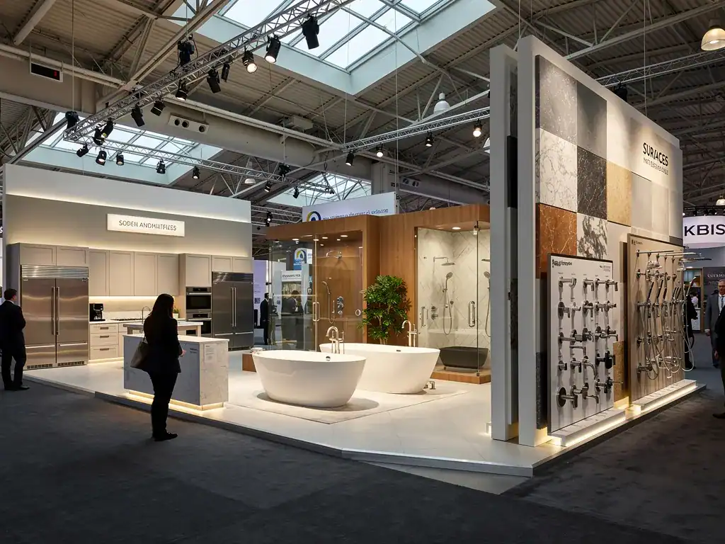 Cabinetry, appliances and plumbing fixtures staged in separate booth zones