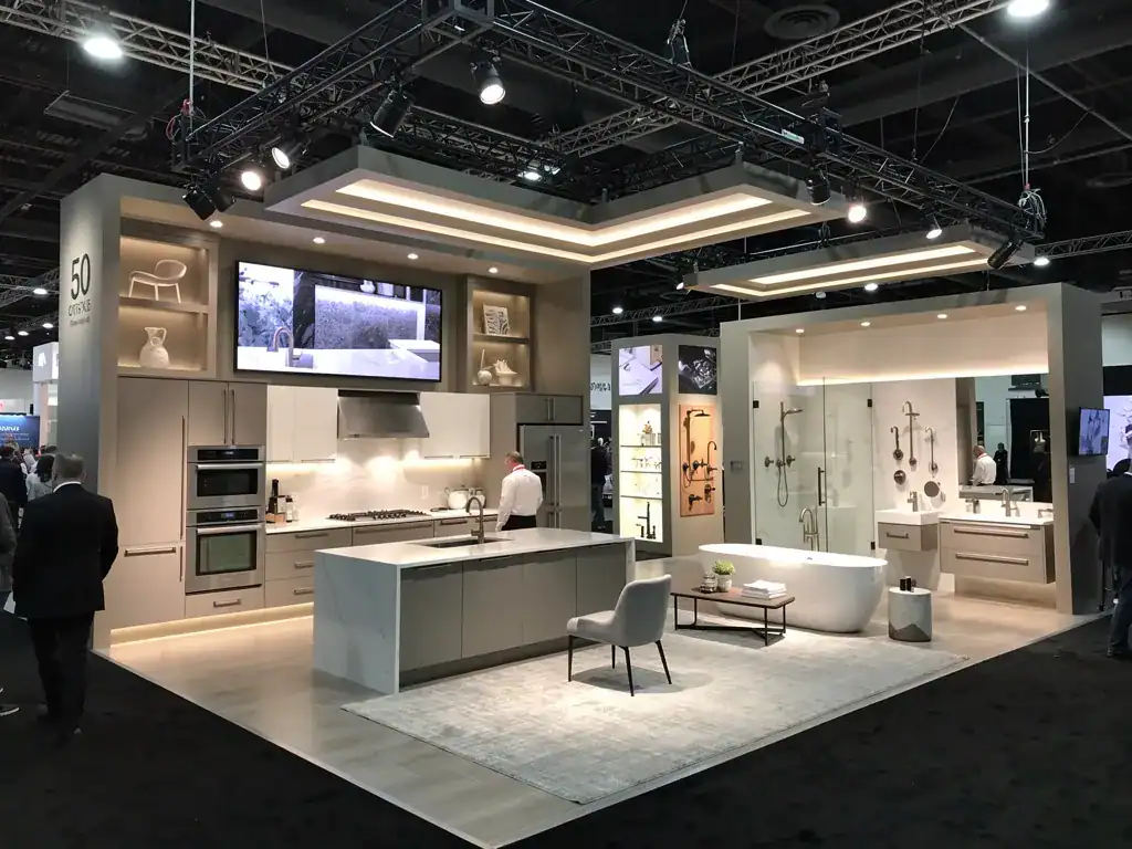 Immersive multi-room kitchen and bath exhibit spanning 50x50 feet