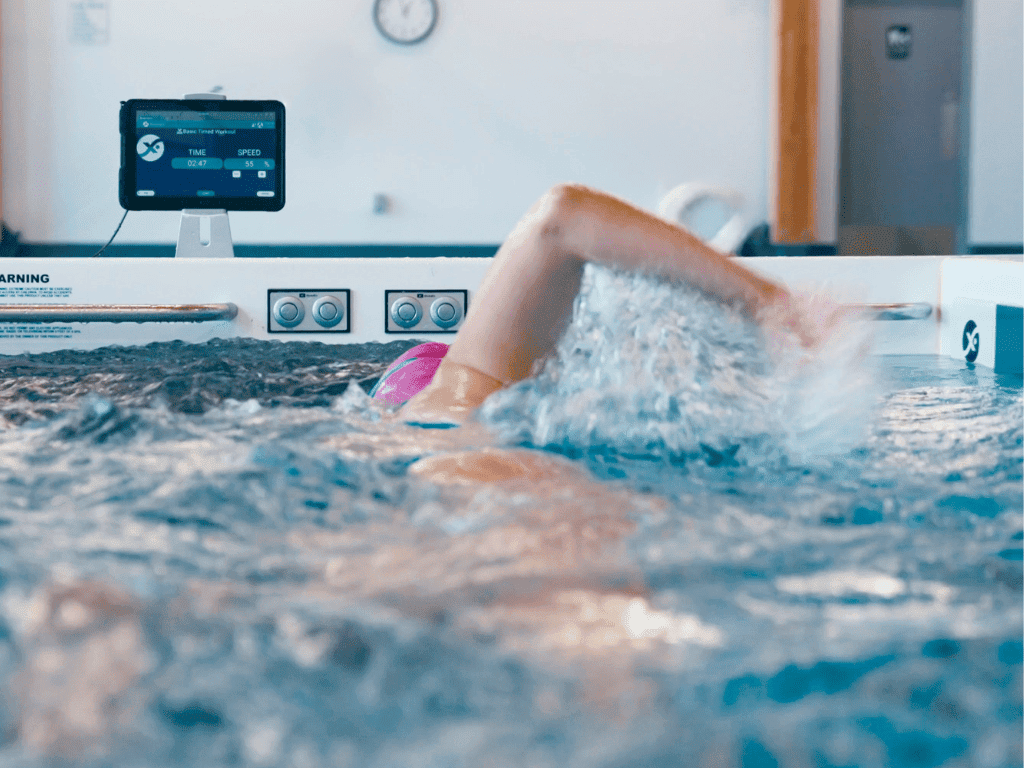 River Valley Club swimmer with tablet