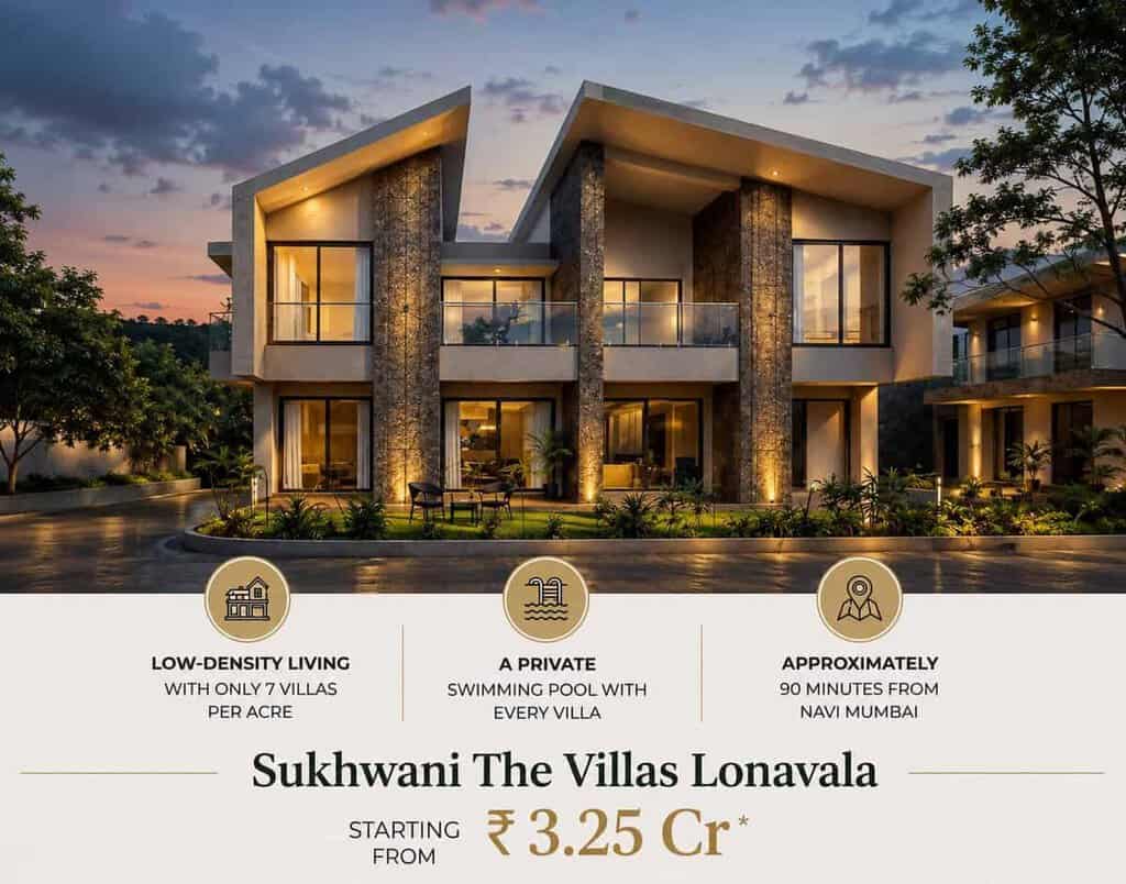 Sukhwani The Villas Lonavala 4 BHK luxury villa near Tungarli for sale with private pool, twin villa facade at dusk, starting ₹3.25 Cr