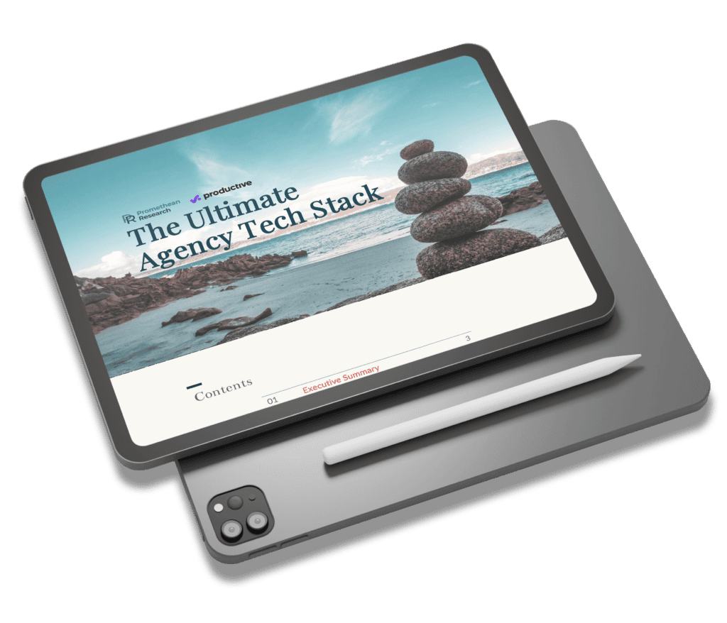 A mockup showing the research report displayed on an iPad.