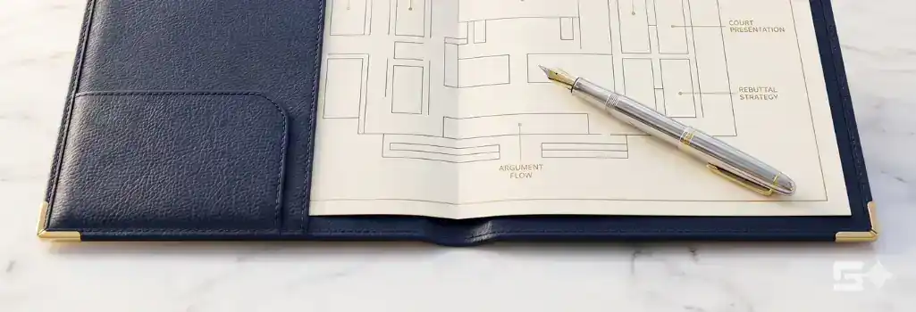 An open navy blue leather portfolio displays a gold-accented legal strategy blueprint of a courtroom layout with a silver pen resting nearby, representing the preparation and strategic planning for a pretrial hearing.