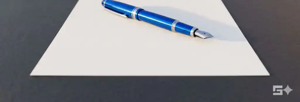 A blank white legal card and an electric blue fountain pen on a slate desk, symbolizing the right to remain silent and the immediate need for legal counsel if arrested.