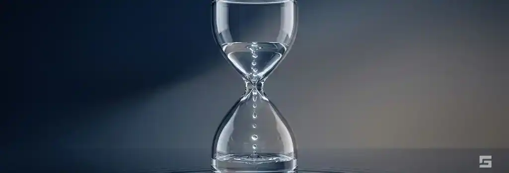 A clear glass hourglass with flowing water droplets on a deep navy blue background, symbolizing the timeline of a personal injury claim. Strategic legal resources from Grano Law Offices, P.C.