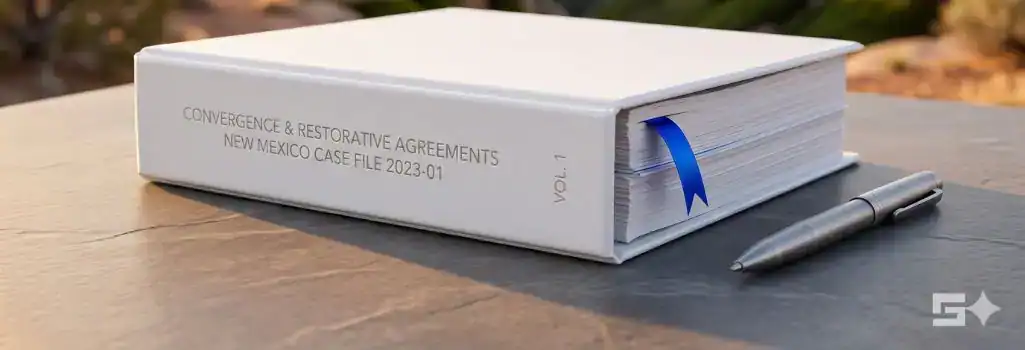 A heavy white legal binder with an electric blue bookmark resting on a slate desk, symbolizing a massive, authoritative defense strategy against drug trafficking charges in New Mexico.