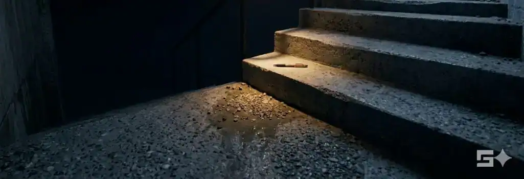 A concrete staircase partially hidden in deep shadows, demonstrating the physical hazard of poor property lighting.