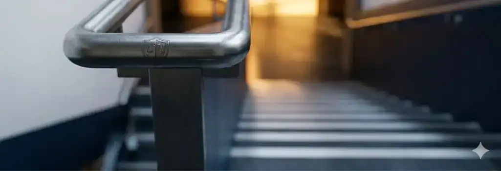 A steel handrail in a courthouse stairwell with warm amber light in the background, representing the legal threshold of probation.