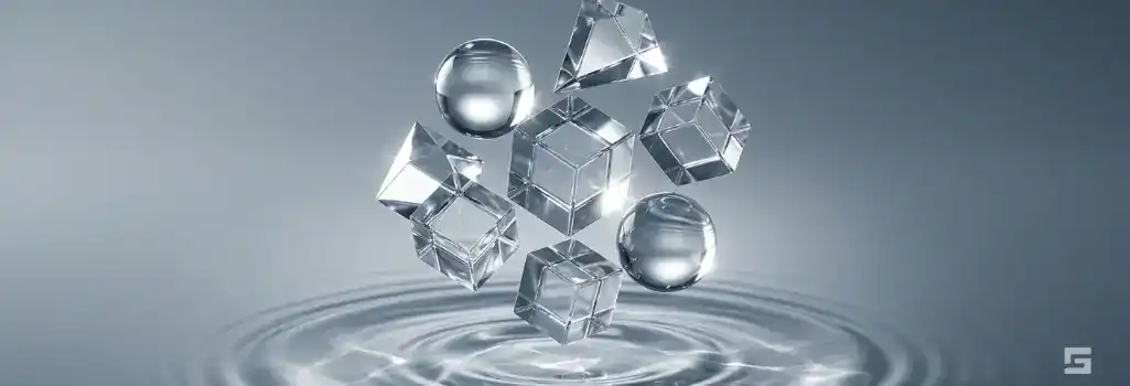Abstract clear geometric glass shapes over gentle water ripples, representing the calculation of future medical costs. Grano Law Offices, P.C. personal injury resources.