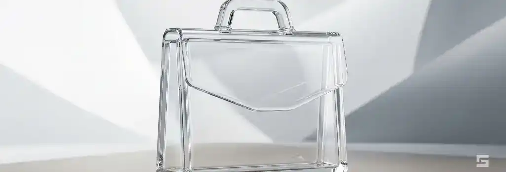 An abstract clear glass document folder on a slate gray background, representing defense for complex white-collar crimes. Grano Law Offices, P.C.
