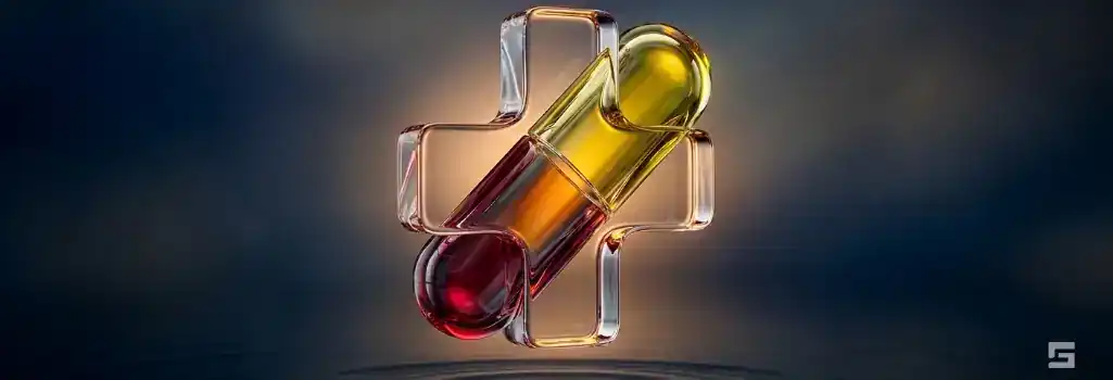 Clear glass medical cross and capsule illuminated by a warm amber glow on a navy blue background, representing prescription fraud defense. Elite legal resources from Grano Law Offices, P.C.