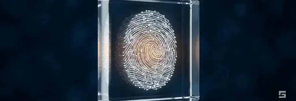 A clear glass block containing a glowing abstract fingerprint illuminated by amber and white light on a navy blue background, representing identity theft defense. High-stakes criminal defense imagery for Grano Law Offices, P.C.