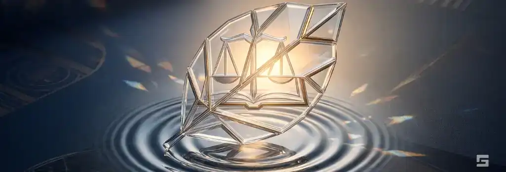An abstract clear glass botanical leaf glowing with warm amber light over water ripples, symbolizing New Mexico recreational marijuana laws. Legal insights provided by Grano Law Offices, P.C.