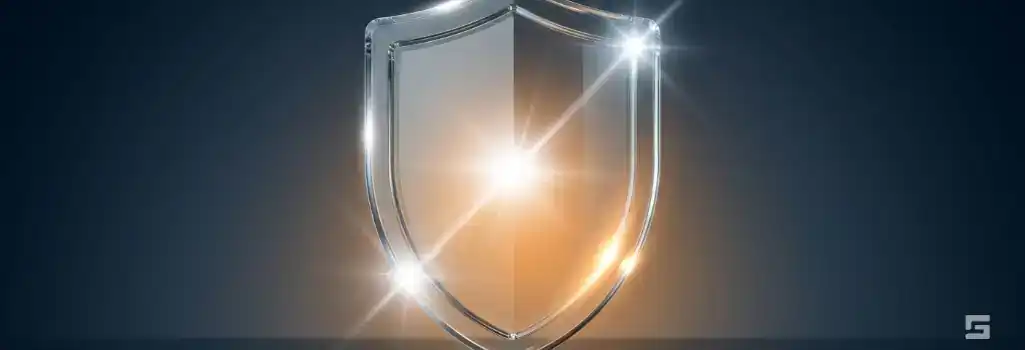 A thick clear glass protective shield glowing with amber light on a navy blue background, symbolizing protection and recovery from motorcycle road rash injuries. Grano Law Offices, P.C.