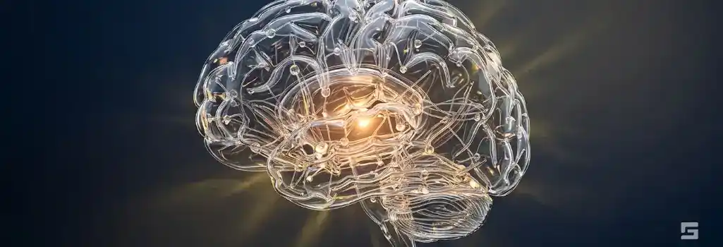 A clear glass neural network illuminated by a warm amber pulse on a navy blue background, representing traumatic brain injuries after a car accident. Injury litigation resources by Grano Law Offices, P.C.
