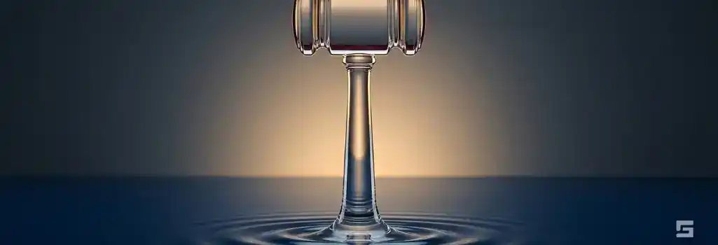 A clear glass gavel glowing with warm amber light over water ripples on a navy blue background, symbolizing a lawyer proactively clearing a bench warrant. Criminal defense resources for Grano Law Offices, P.C.