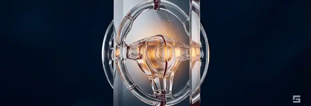 A clear glass steering wheel intersected by a solid barrier, illuminated by amber and white light on a navy blue background, representing the penalties of driving on a revoked license. Criminal defense imagery for Grano Law Offices, P.C.