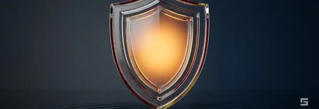 A clear glass federal shield glowing with warm amber light over water ripples on a navy blue background, symbolizing the Federal Tort Claims Act. Civil litigation resources for Northern New Mexico firm Grano Law Offices, P.C.