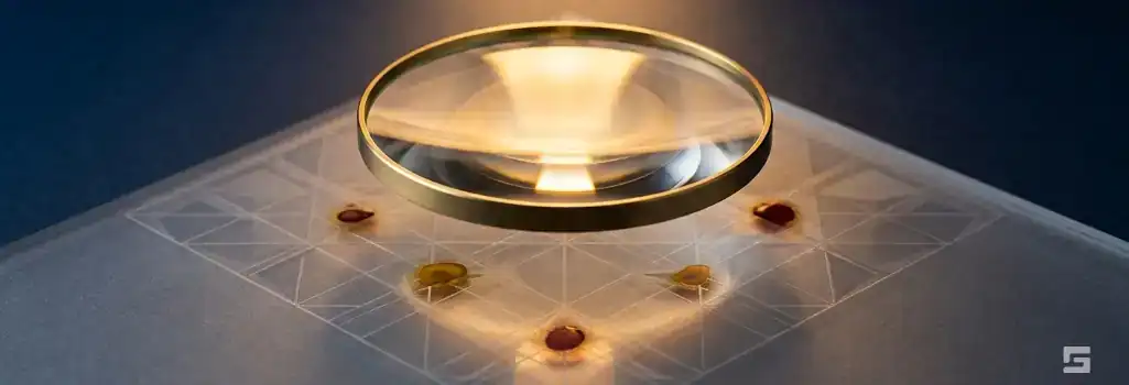 An abstract clear glass magnifying lens focusing warm amber light onto a geometric grid, representing police evidence gathering and criminal investigations. Strategic legal defense insights provided by Grano Law Offices, P.C.