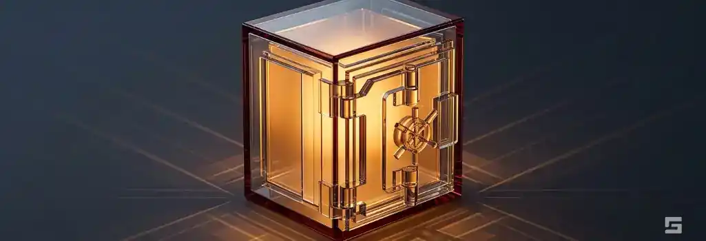 A clear glass geometric vault door glowing with warm amber light on a slate gray background, symbolizing the high stakes of robbery charges. Criminal defense guidance and strategic representation from Grano Law Offices, P.C.