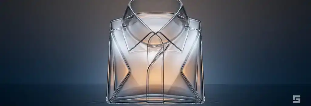 Abstract clear glass resembling a folded garment glowing with amber light on a slate gray background, representing appropriate court attire. Criminal defense preparation guidance by Grano Law Offices, P.C.